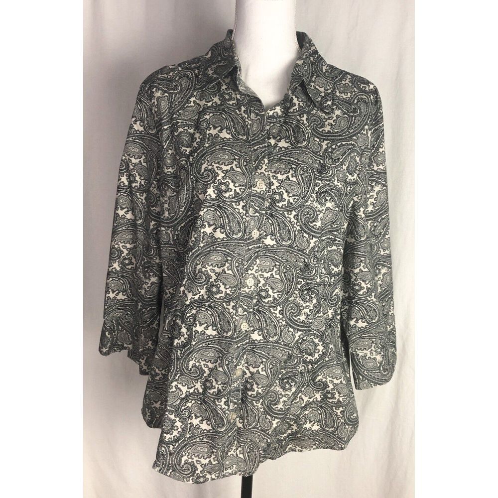 Kim Rogers Womens XL Blouse‎ Button Front 3/4 Sleeve Pockets Paisley 97% Cotton